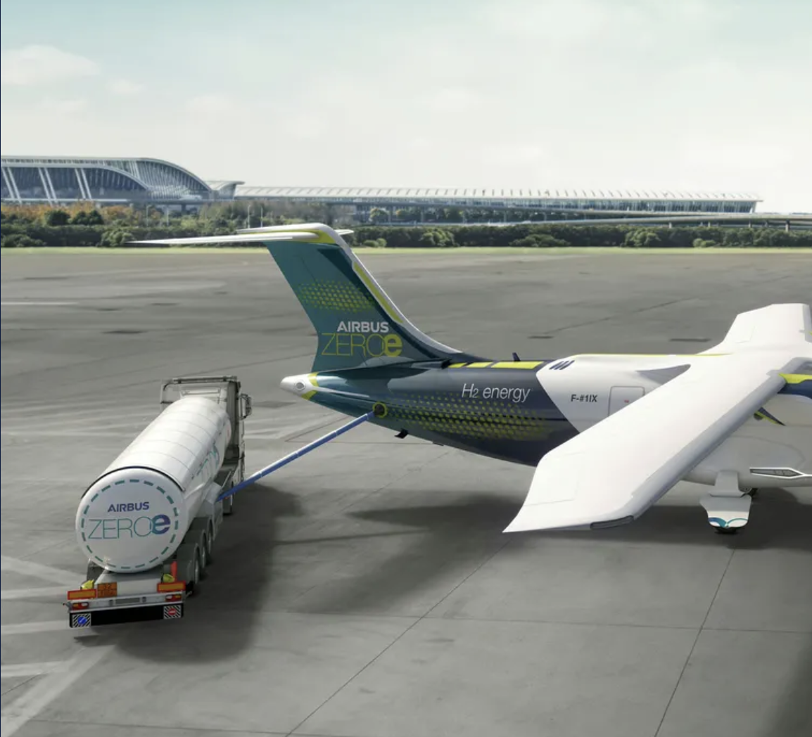 Render of fuel tanker refueling hydrogen powered airplane